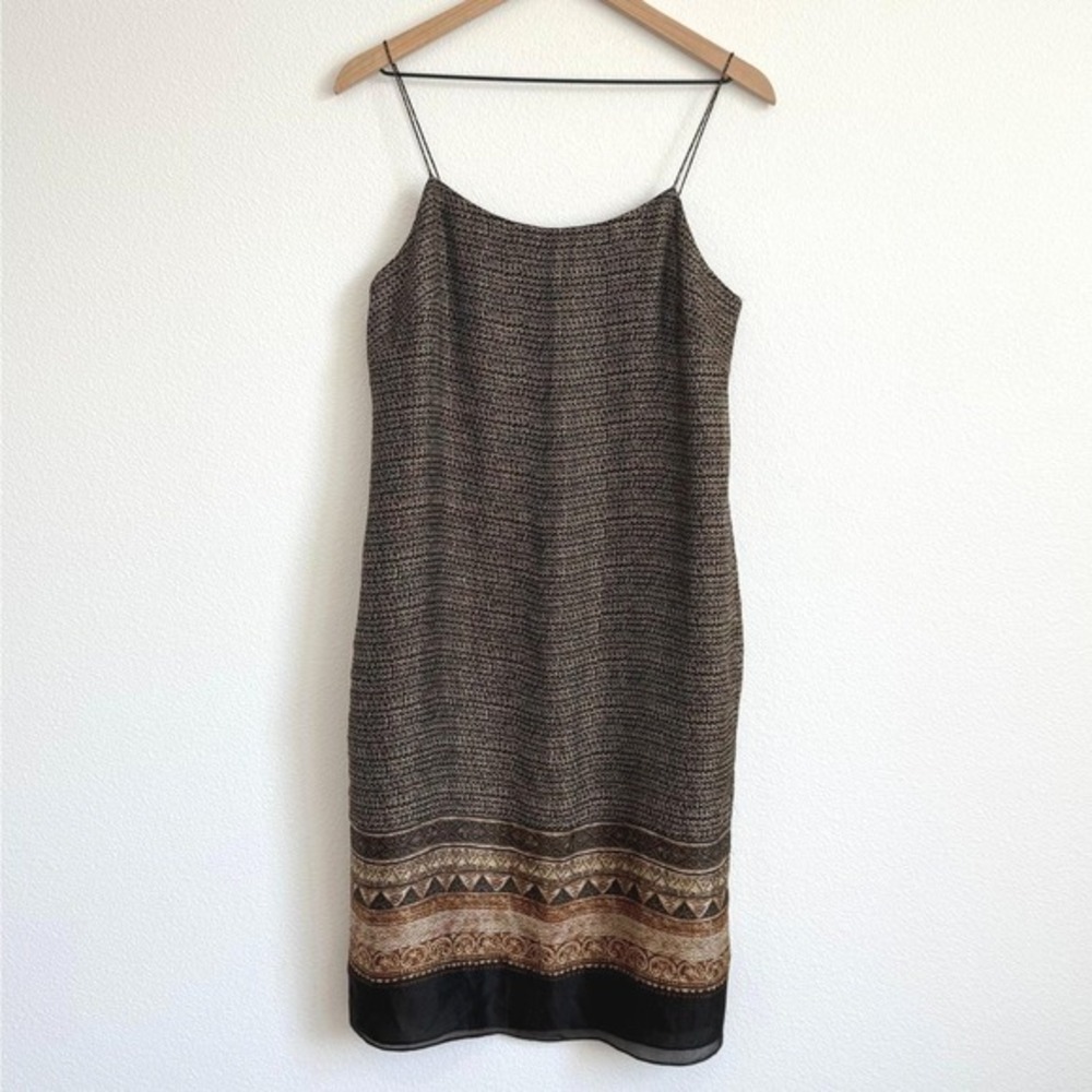 90s Vintage Ann Taylor‎ Silk Slip Dress Boho Earthy Tribal Print Quiet Luxury 8